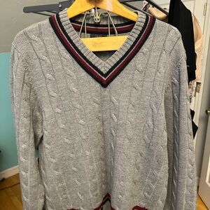Brooks Brothers Gray V-Neck Sweater with Red Accents